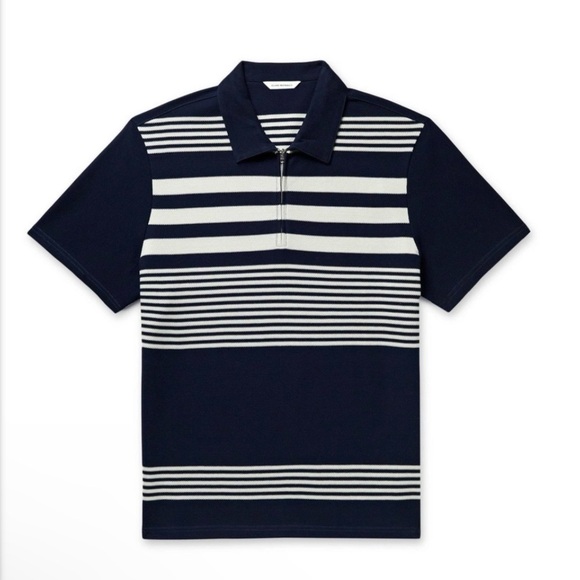 Club Monaco Block Stripe Zip Polo Short Sleeve Cotton Knit Shirt Navy Medium - Picture 1 of 14